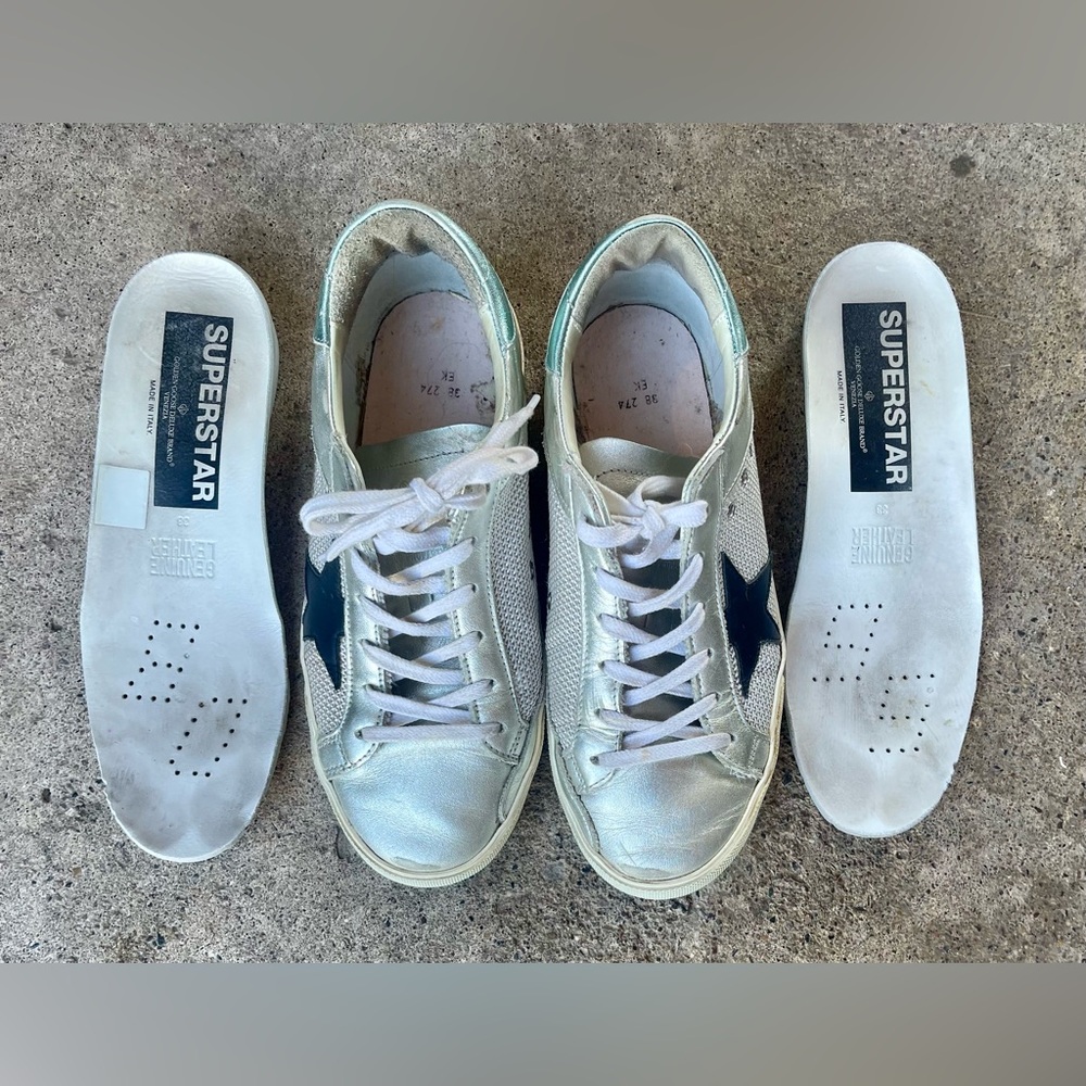 Golden Goose Superstar White Silver Half Green Laminated Leather Sneakers SzEU38 - Picture 7 of 11